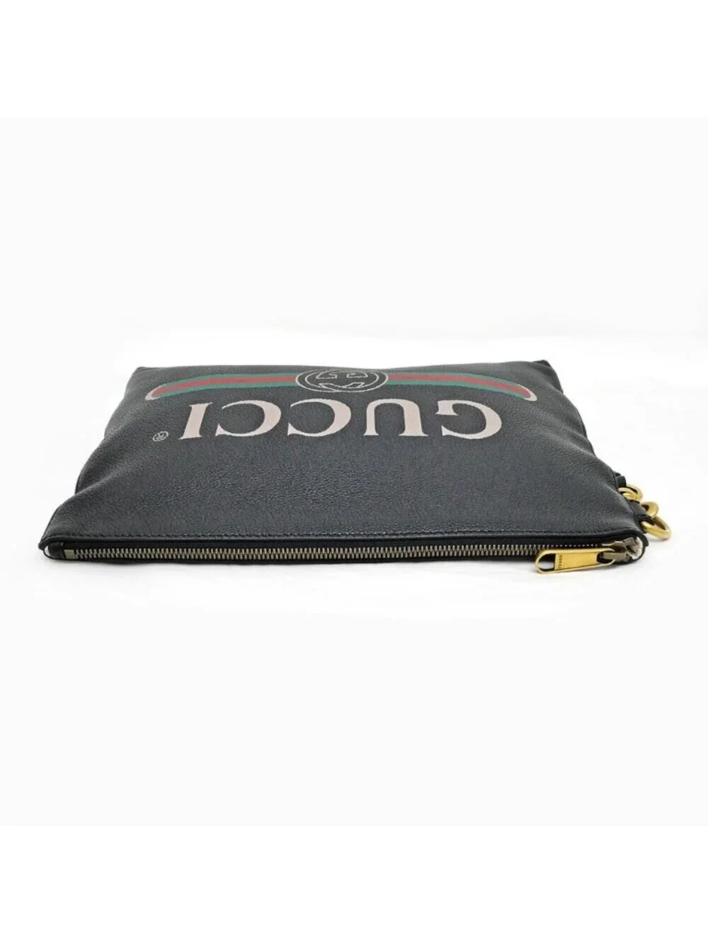 Gucci Logo Print Clutch Black Gold Leather